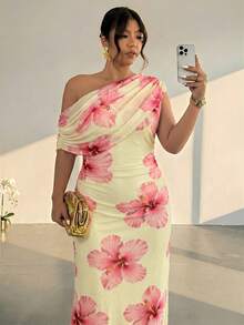 Firerie Plus Size Women's Off-Shoulder Floral Print Asymmetric Design Dress Vacation Wedding Guest Pink Summer Filipiniana Elegant - Multicolor - View 6