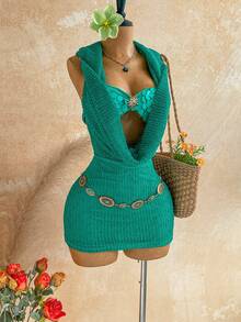 Soleia Damen-Mini-Kleid für Urlaub im Frühling/Sommer, romantisch, sexy, Vintage, mit Pailletten, Kapuze und Wasserfall-Ausschnitt, mit Pailletten-Cups, tropischer Urlaubs-Look, für Date, Nachmittagstee, Strand, Kreuzfahrt, Roadtrip, Städtereise, Musikfestival-Outfit, Party, Boho, Hippie, Western, Karneval, St. Patrick's Day - Dunkelgrün - Übersicht 7