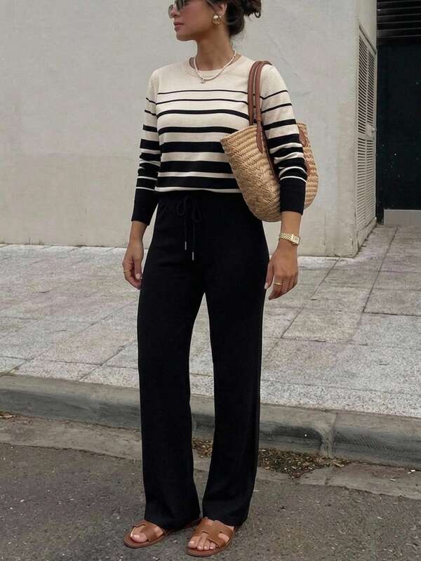 Conjunto de pants casual para mujer. Suétere de manga larga y cuello redondo. Pants de pierna ancha. Ajuste de cintura natural y cordón ajustable. Sin bolsillos.