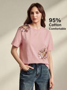 Anewsta 春夏女款優雅粉色 95% 棉短袖圓領修身 T恤，適合日常穿搭 - 粉色 - 查看 5