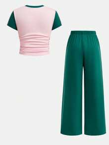 Tween Girls Bowknot Contrast Color Patchwork Bowknot Print T-Shirt And Long Pants Knit 2 Pieces Set Casual Daily Fashion Versatile - Multicolor - View 6