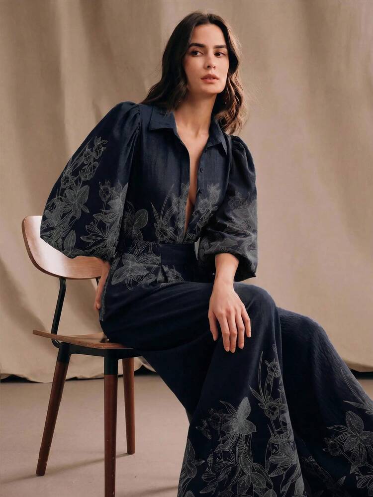 Elegant Dark Floral Embroidered Loose Turn-Up Collar Puff Sleeve Blouse + Wide Leg Pants Women's Two Pieces Set