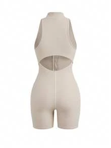 SHEIN Cheerettes 無袖修身運動連身褲 - 卡其色 - 查看 2