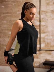 Powerista Top deportivo de tirantes para mujer talla grande con bloques de color, patchwork y diseño calado - Negro - Ver 5