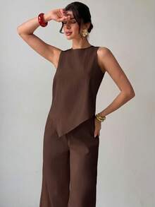 Firerie 夏季女款優雅休閒度假通勤辦公老錢風翻領腰部繫帶寬鬆亞麻襯衫不對稱上衣與高腰休閒長褲兩件套 - 棕色 - 查看 7