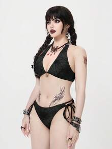 ROMWE Goth 女士夏季沙滩蜘蛛网印花露背系带性感比基尼泳装套装 - 深灰色 - 查看 3
