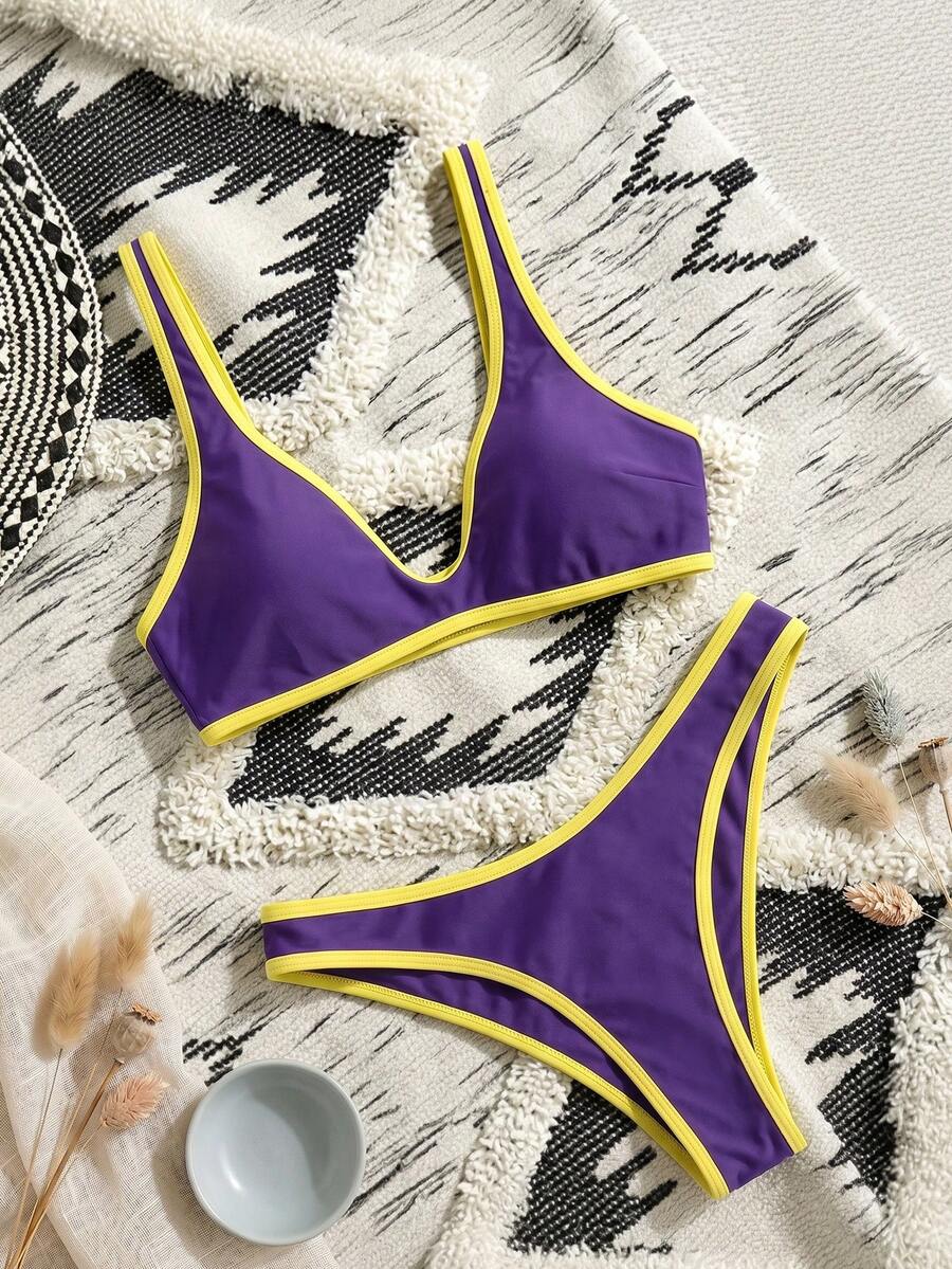 Swim Vcay Pure White Trim Split Bikini Set, Black Body With White Trim Design, High-Cut Triangle Bottoms, Contrast Color Design - Multicolor - View 1