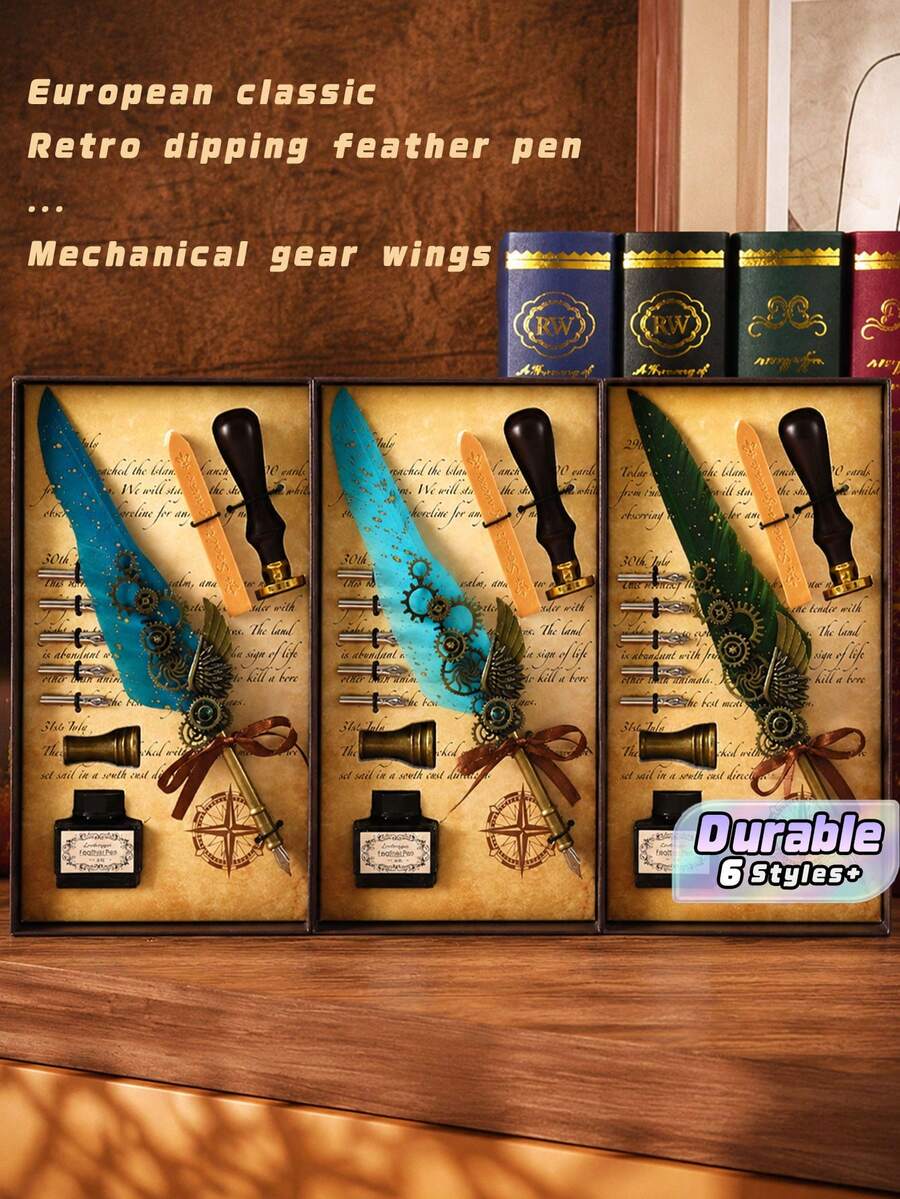 1 Set Jubaboz Calligraphy Brush Pen With Stamp And Sealing Wax, Feather Pen, Ink, Vintage Writing Ink Dip Pen With Mechanical Gear Back To School - multicolor - View 1