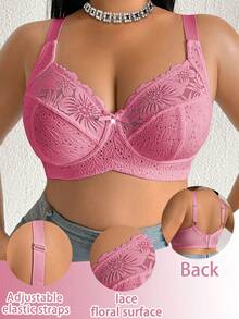 DesireSculpt Plus Size Lace Patchwork Non-Wired Bralette 1 Piece - Hot Pink - View 5