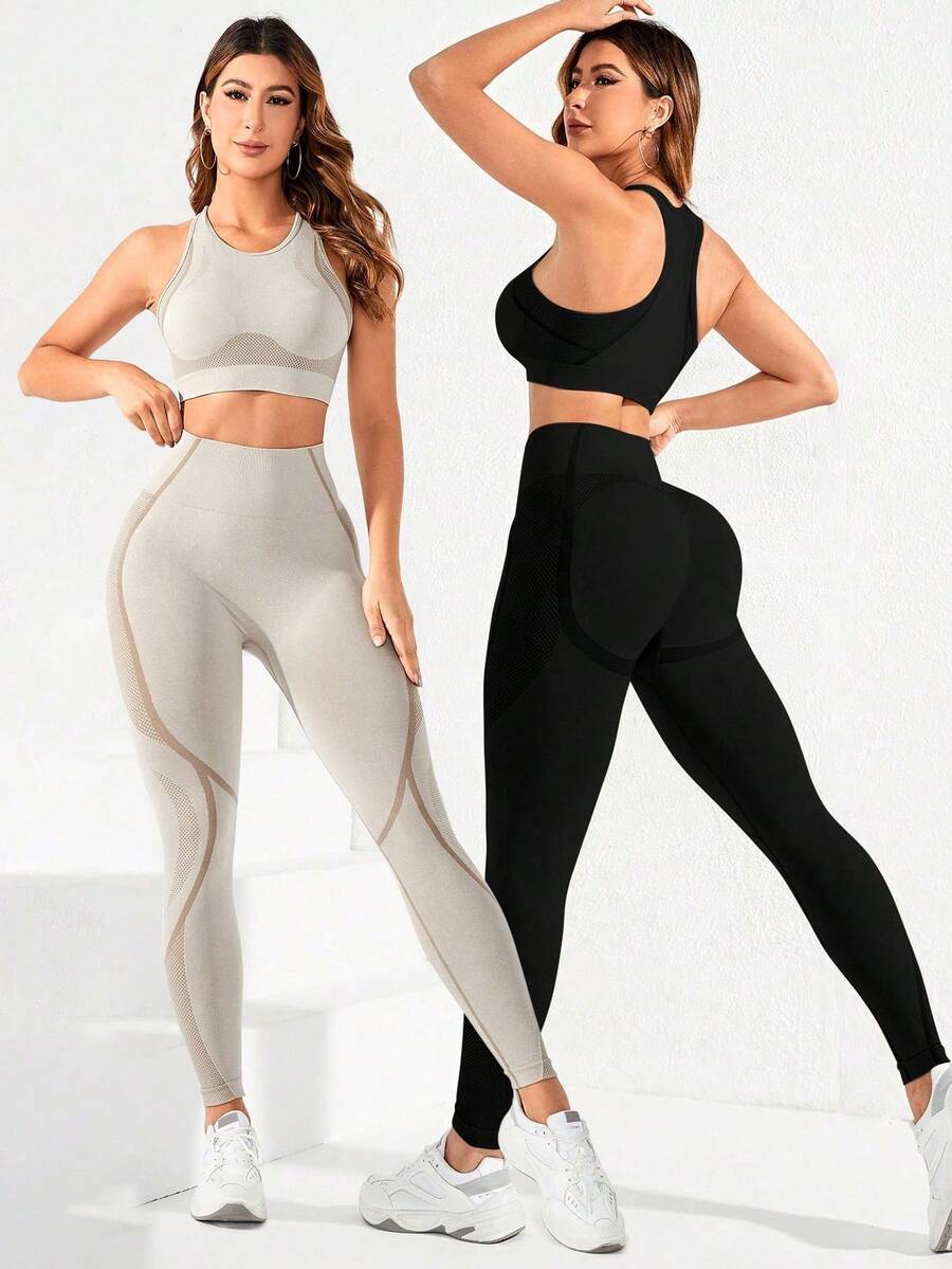 Gameset SHEIN Sport Cropped Tank Top And Leggings Seamless High Elasticity Sports Set