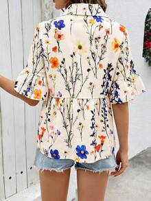 SHEIN Holidaya Women's Summer Fresh Beige Collar Shirt, Cherry Print All-Over Pleated Flare Sleeve Hem Loose Slimming Daily Commute Vacation Versatile Boho Brunch - Multicolor - View 2