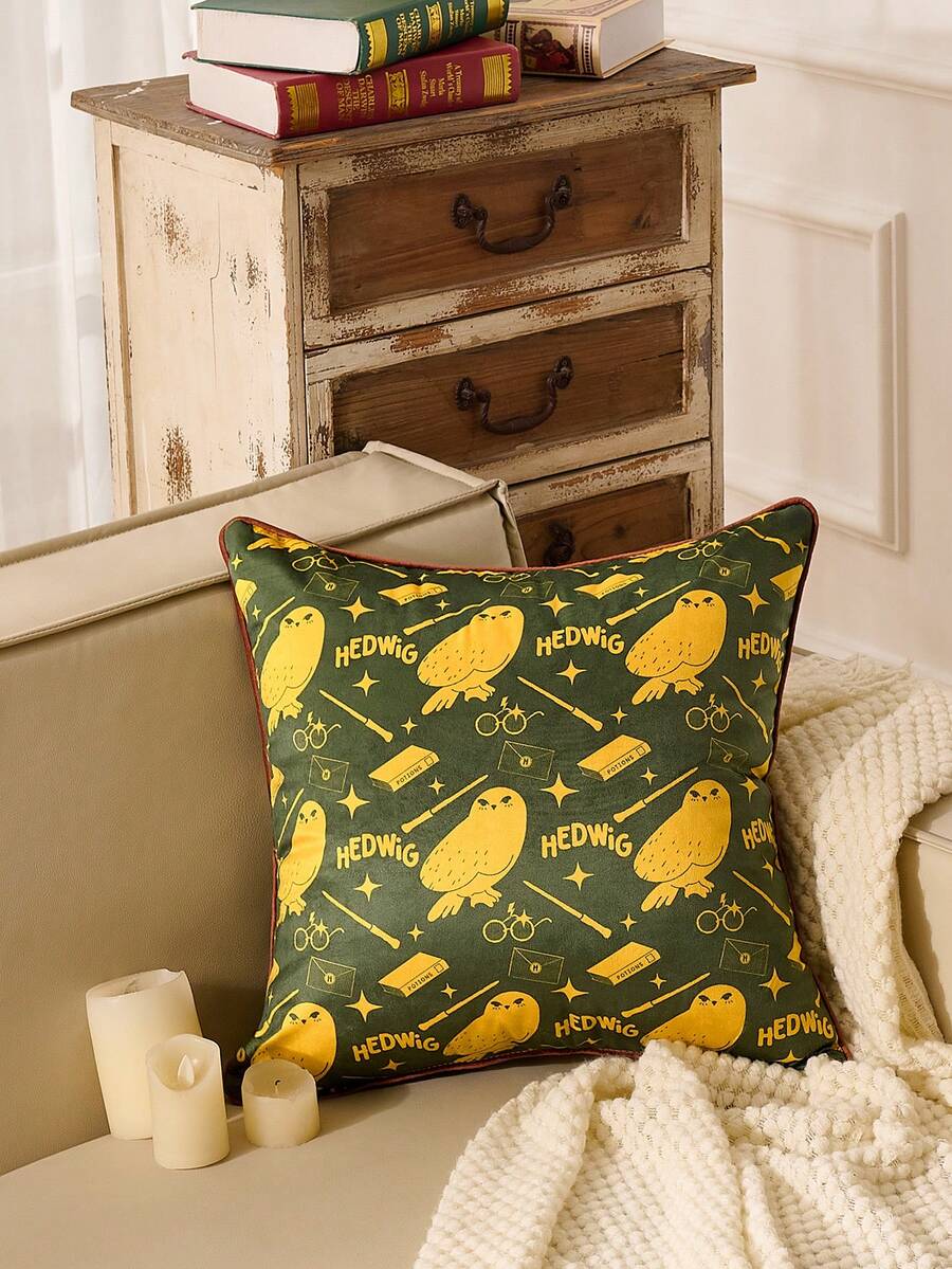 HARRY POTTER X SHEIN 1 Piece 2D Flat Printed Pillow Cover, Hemmed Double-Sided Pillow Cover Owl Pattern, Short Plush Fabric - Multicolor - View 1