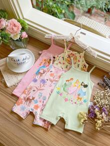 SHEIN LMoss Kids [隨機4件發1件]女嬰公主花卉印花連身短褲可愛日常穿搭 - 彩色 - 查看 3
