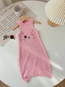 SHEIN LMoss Kids LMoss 青少女可愛貓咪印花無袖休閒兩件式洋裝套裝 - 彩色 - 查看 5