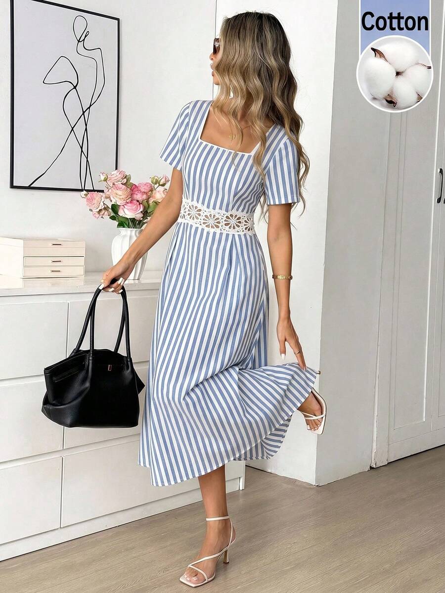 Easowa Abito midi da donna con scollo quadrato, bordo a contrasto, vita in pizzo patchwork, arricciato e arricciato sul retro, vita stretta, gonna a pieghe a-line a ombrello, maniche corte, in cotone tinto in filo a righe, tessuto confortevole, stile casual rilassato ed elegante, stile old money, per pendolari e vacanze, primavera estate - Blu e Bianco - Visualizzare 1