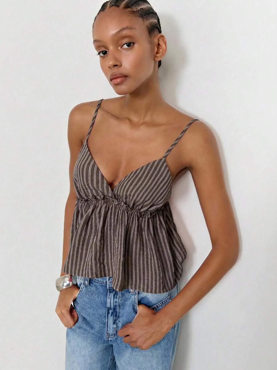 Maija Women's Striped Ruffle Edge Fashion Sexy Camisole Tank Top, Going Out Outfits - Brown - View 1