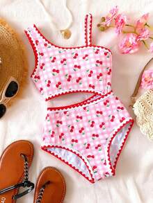 SHEIN Teen Girl Sweet Girly Cherry Print Plaid One-Piece Swimsuit With Contrast Trim And Shell Embroidery, Fashionable For Summer Vacation, Beach Seaside - Pink - View 1