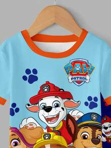 SHEIN | PAW Patrol 小男孩圓領卡通印花短袖上衣與長褲休閒日常居家睡衣套裝 - 彩色 - 查看 7