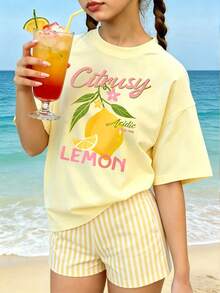 青少年女孩夏季清新檸檬粉色葉子字母標語印花基本款短袖T恤與黃白條紋短褲套裝，休閒風格穿搭 - 彩色 - 查看 3