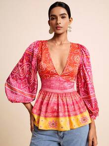 LOTSLUV 女款春夏優雅紅色、紫色與黃色仿刺繡印花V領長袖收腰印花襯衫 - 彩色 - 查看 4