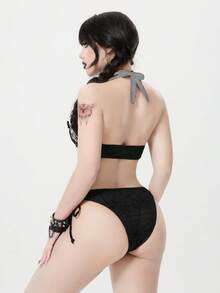 ROMWE Goth 女士夏季沙滩蜘蛛网印花露背系带性感比基尼泳装套装 - 深灰色 - 查看 2