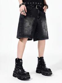 ROMWE MEN Street Life Men's Paisley Print Contrast Color Slant Pocket Casual Denim Shorts - Black - View 11