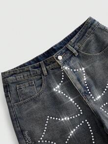 ROMWE MEN Men's Rhinestone Cross Denim Shorts - Blue - View 3