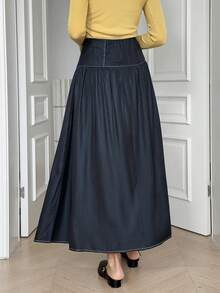 Solavon Women's Solid Color Pleated Casual Elegant Versatile Daily Work Corporate Outing Office Skirt Navy Blue Autumn - Navy Blue - View 6