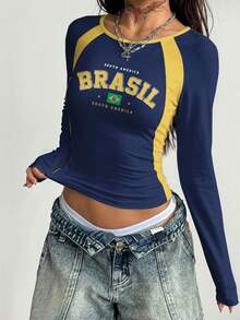 Coolane Women's Casual Minimalist Blue & Yellow Contrast Color Pattern Raglan Sleeve T-Shirt - Multicolor - View 1