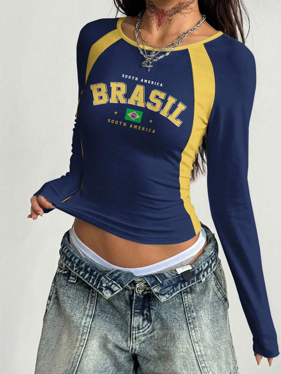 Coolane Women's Casual Minimalist Blue & Yellow Contrast Color Pattern Raglan Sleeve T-Shirt - Multicolor - View 1