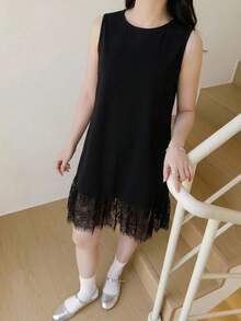SHEIN Girlism 青少年女孩圓領豹紋印花度假休閒夏春時尚荷葉邊無袖洋裝 - 黑色 - 查看 4