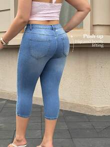 SHEIN Unity Celana Jeans Denim Kasual Musim Panas Slim Fit Wanita Ukuran Plus dengan Kantong Miring - Light Wash - View 2