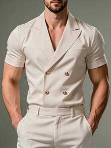 Manfinity Mode Blazer de manga corta minimalista de moda de unicolor para hombre, ceremonia - Albaricoque - Ver 3