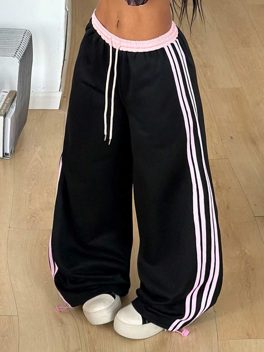 Coolane 女款夏季街頭風運動休閒運動服,黑色與粉色拼接條紋紋理裝飾寬腿運動長褲,適合健身房運動、日常休閒與畢業照拍攝 - 彩色 - 查看 1