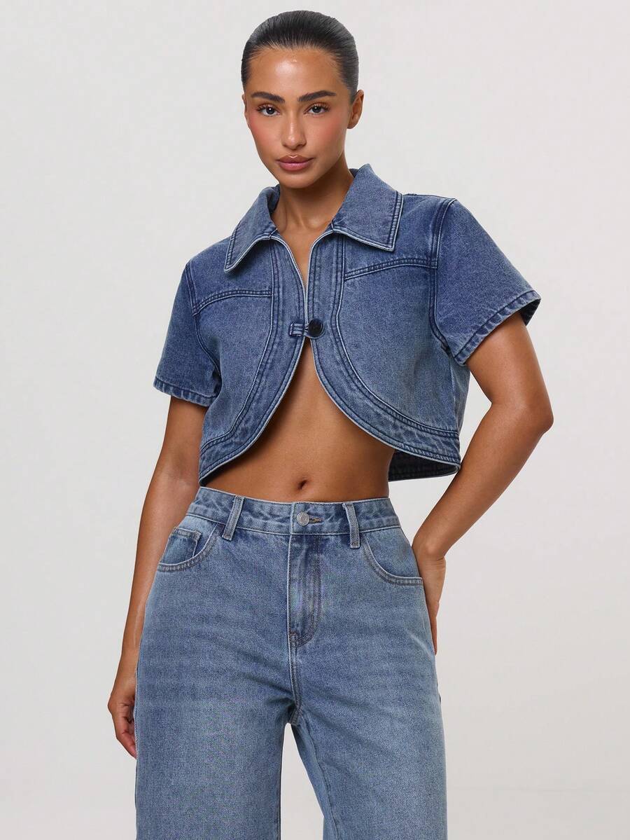 MUSERA Blue Denim Button Through Cropped Cap Sleeve Top - Blue - View 1