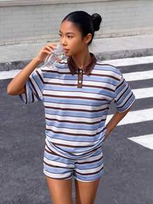 SHEIN 少女美式復古風條紋套裝，藍白棕拼接布料配對比領，休閒寬鬆版型，適中厚度，適合日常穿著與上學，春夏返校季 - 藍色 - 查看 3