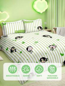 THE POWERPUFF GIRLS X SHEIN 三件套可爱卡通印花被套，光滑面料，柔软保暖，红色被套，多种尺寸可选，适用于单人床/双人床/大号床/特大号床 - 綠色 - 查看 7