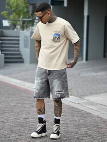 Devon Thys Men's Plain Frayed Edge Pocket Ripped Fashionable Denim Shorts Ripped Denim Shorts Men - Light Grey - View 2