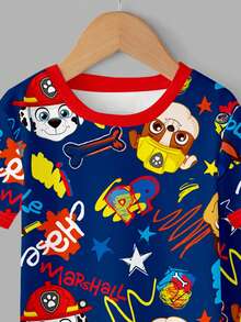 SHEIN | PAW Patrol 小男孩休閒簡約款，柔軟舒適，經典可愛卡通動畫圖案印花，可愛小狗貼身舒適圓領短袖T恤與長褲貼身居家服，適合春夏季 - 彩色 - 查看 6
