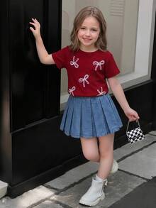 Elladie kids Set de 2 piezas para niñas jóvenes que incluye: Camiseta de manga corta roja con bordado de lazo y falda plisada de mezclilla azul, conjunto de moda casual de verano para niños - Rojo - Ver 1