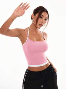 Dewbera Dewbera 女款對比飾邊休閒時尚細肩帶運動背心上衣 - 粉色 - 查看 6