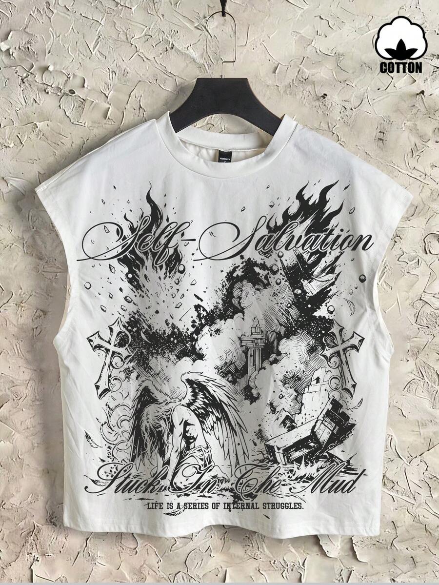 Manfinity Roghcode Boxy Cropped Streetwear Distressed Grey City Wall Calligraphy English Cross Print White Pure Cotton Tank Top, Suitable For Spring And Summer - White - View 1
