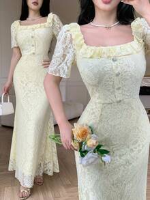 Modelyn Pale Yellow Square Neck Rhinestone Embellished Elegant Lace Waist-Cinching Women's Dress - Butter Yellow - View 8
