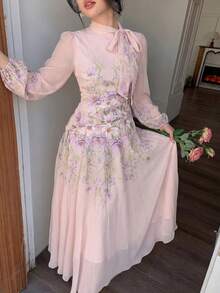 Modelyn 女士系带腰部褶皱印花长袖连衣裙 - 淺粉色 - 查看 7