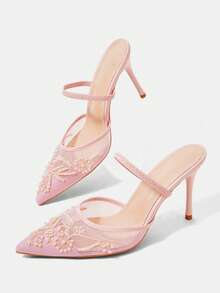 CUCCOO HITCHD 女款春夏優雅珍珠刺繡尖頭細高跟鞋 低鞋口網布 9cm 女鞋 日常約會派對婚禮適用 - 淺粉色A - 查看 6