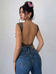 Firerie 女款優雅浪漫時尚通勤棕色條紋印花性感優雅連身內衣，適合返校季、日常通勤、辦公室穿著女款連身內衣，優雅底層連身內衣 - 棕色 - 查看 6