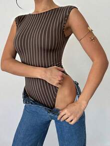 Firerie 女款優雅浪漫時尚通勤棕色條紋印花性感優雅連身內衣，適合返校季、日常通勤、辦公室穿著女款連身內衣，優雅底層連身內衣 - 棕色 - 查看 7