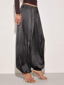 COSMINA Women's Drawstring Draped Tapered Wide Leg Long Pants - Grey - View 4