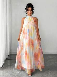 Elenzga Elegantes ärmelloses Maxikleid in Große Größen für Damen mit gewebtem Neckholder, Aquarellbindebatik-Farbverlaufsmuster und luftigem Mesh-Muster - Verschiedenfarbig - Übersicht 5