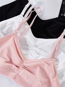 Teen Girl Solid Color Pleated Casual Daily Adjustable Strap Bra - Multicolor - View 4